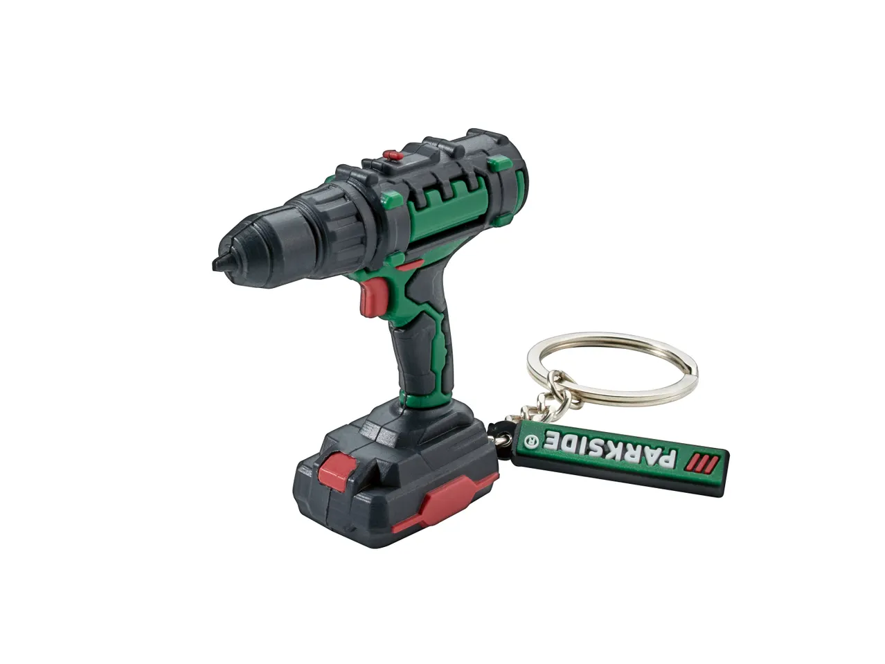 Un portachiavi a forma di trapano avvitatore a batteria verde e nero con un logo Parkside.