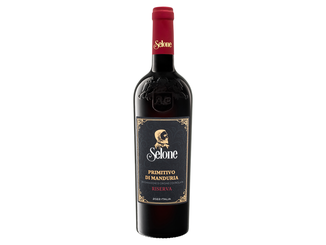 Bouteille de vin rouge avec une étiquette noire et dorée, sur fond noir.