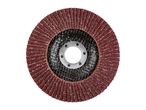 Red flap disc for grinding and sanding, with a metal hub, on a white background.
