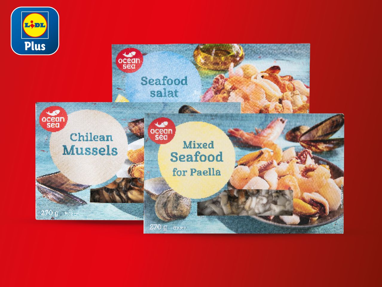 Lidl Plus nudi smrznute morske plodove: salatu od plodova mora, čileške dagnje i mješavinu plodova mora za paellu.