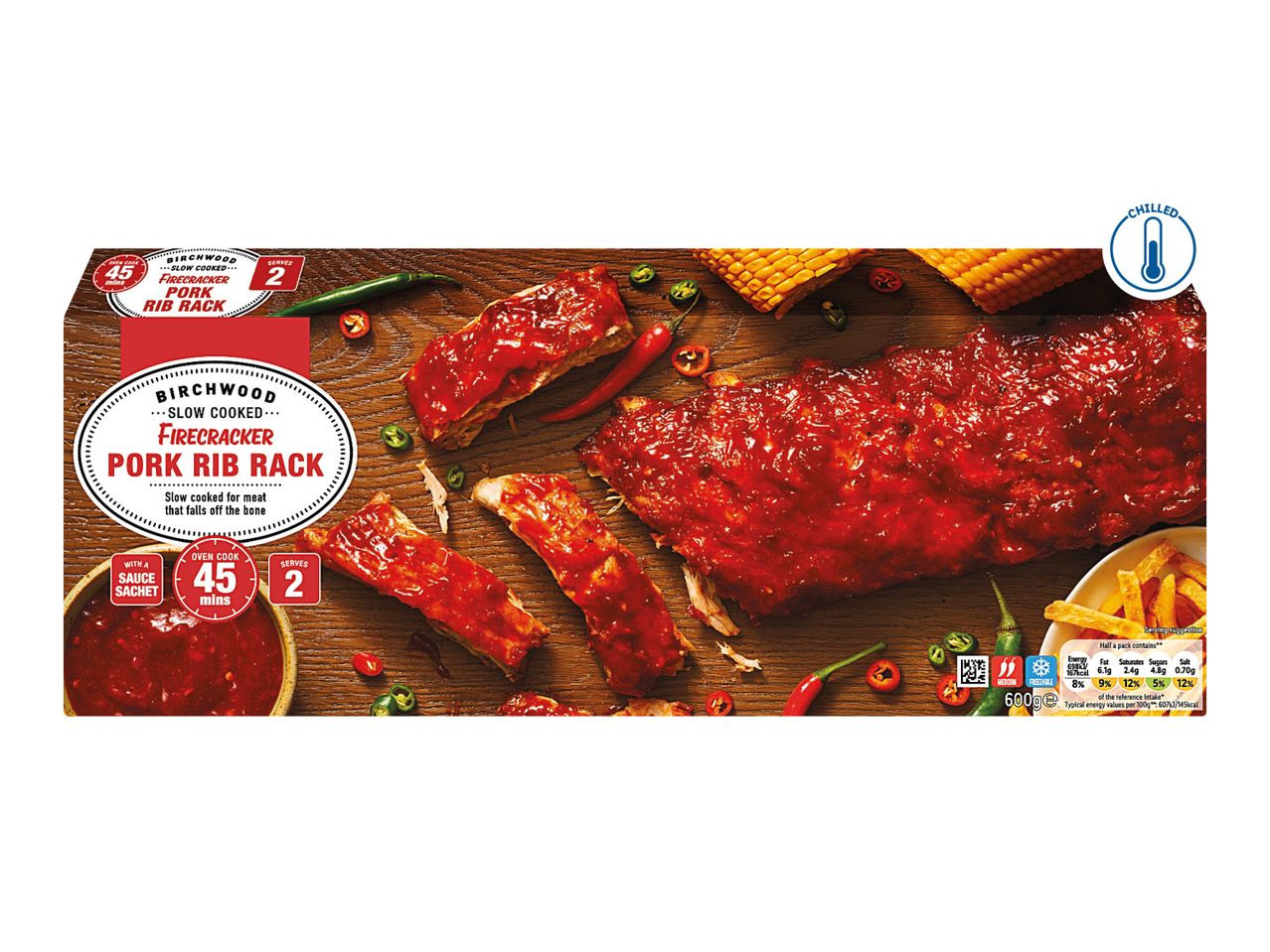 Chilled slow-cooked firecracker pork rib rack with sauce sachet, oven cooks in 45 minutes, serves 2.