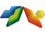 Formele geometrice în culorile curcubeului formează un design dinamic, abstract.