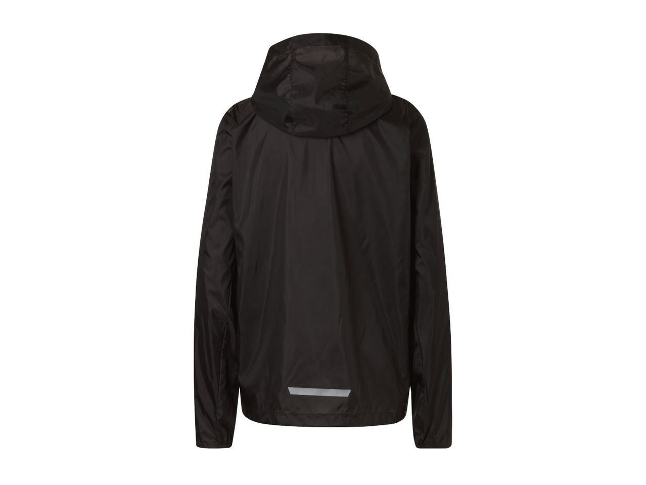 Black hooded windbreaker jacket with a reflective strip on the back.