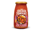 Fles zoetzure saus met perzik voor kip, met een afbeelding van een maaltijd met rijst en groenten.