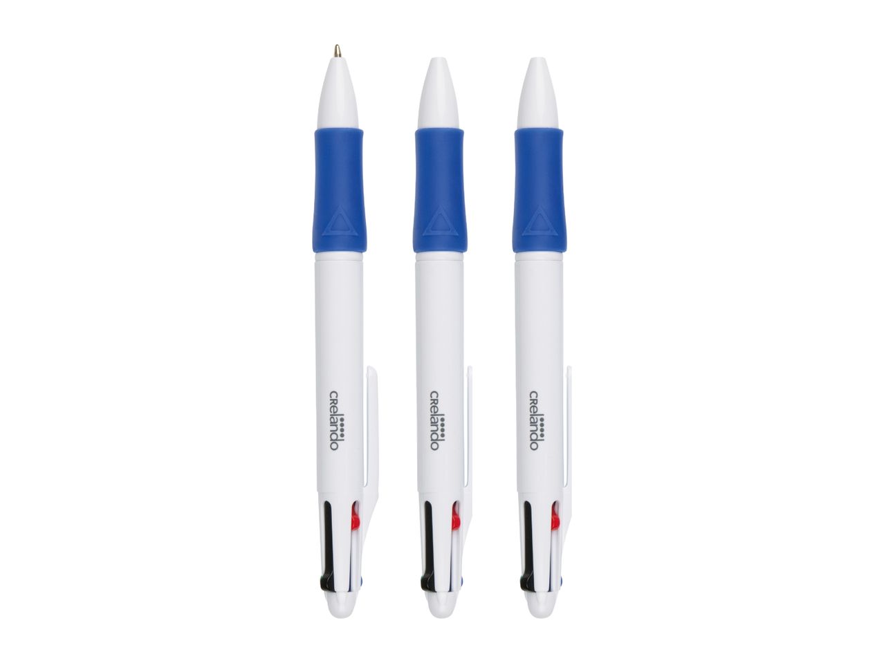 Three Crelano 4-color ballpoint pens with blue grips
