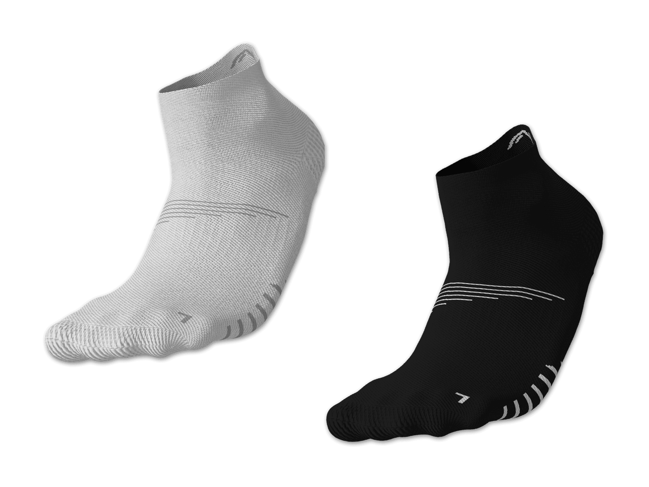 Weiße und schwarze Socken mit dezenten Design-Elementen.