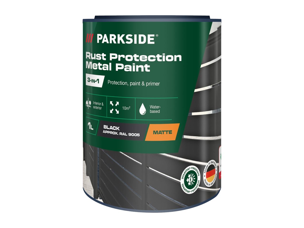 Rust protection metal paint in black, 1L, matte finish, for interior and exterior use.