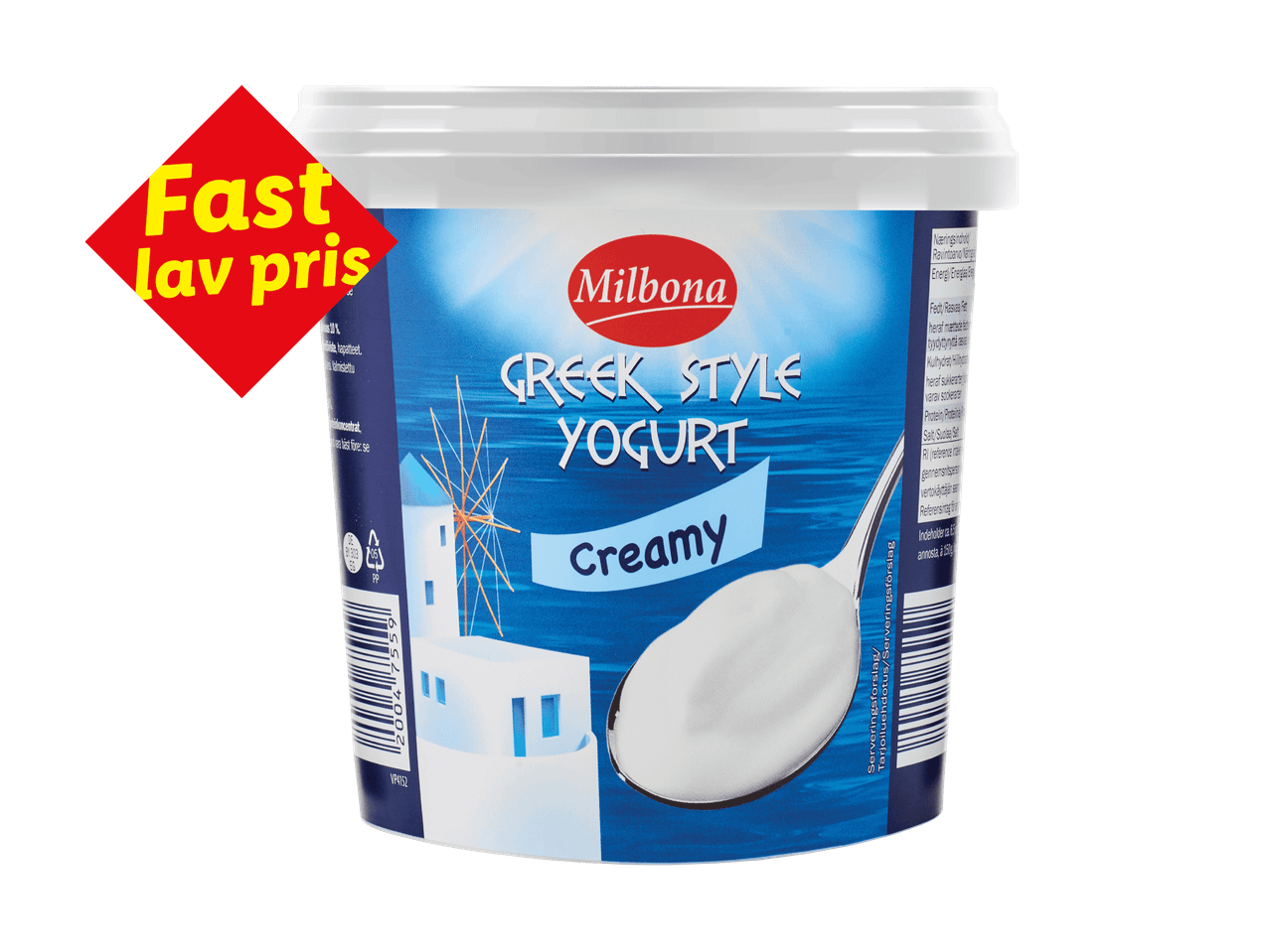 Græsk yoghurt med teksten 'Fast lav pris' på en rød etiket.