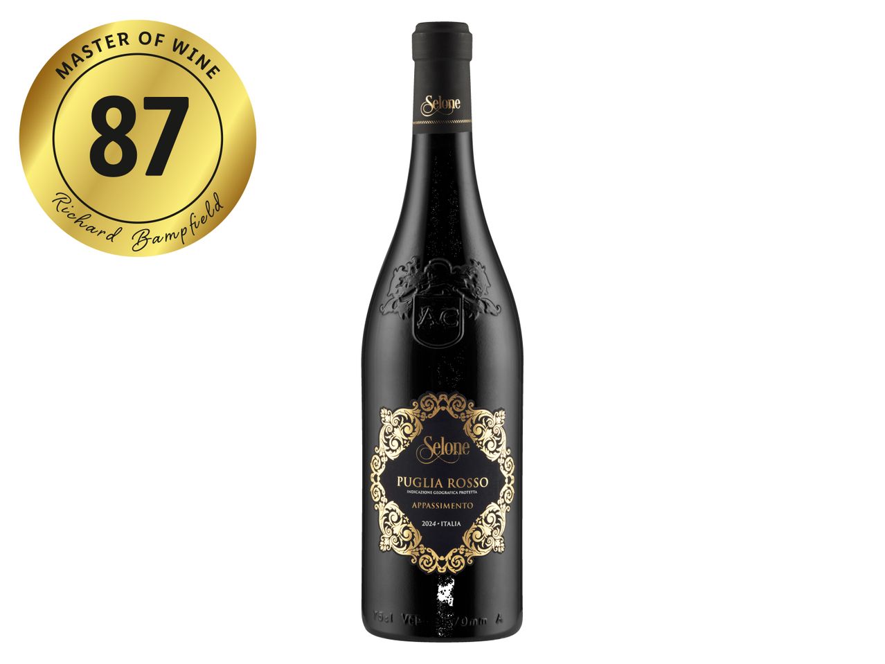 A bottle of Selone Puglia Rosso wine with an 87-point Master of Wine rating by Richard Bampfield.