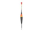 A black, orange, and yellow fishing float with a red tip and a swivel at the bottom.