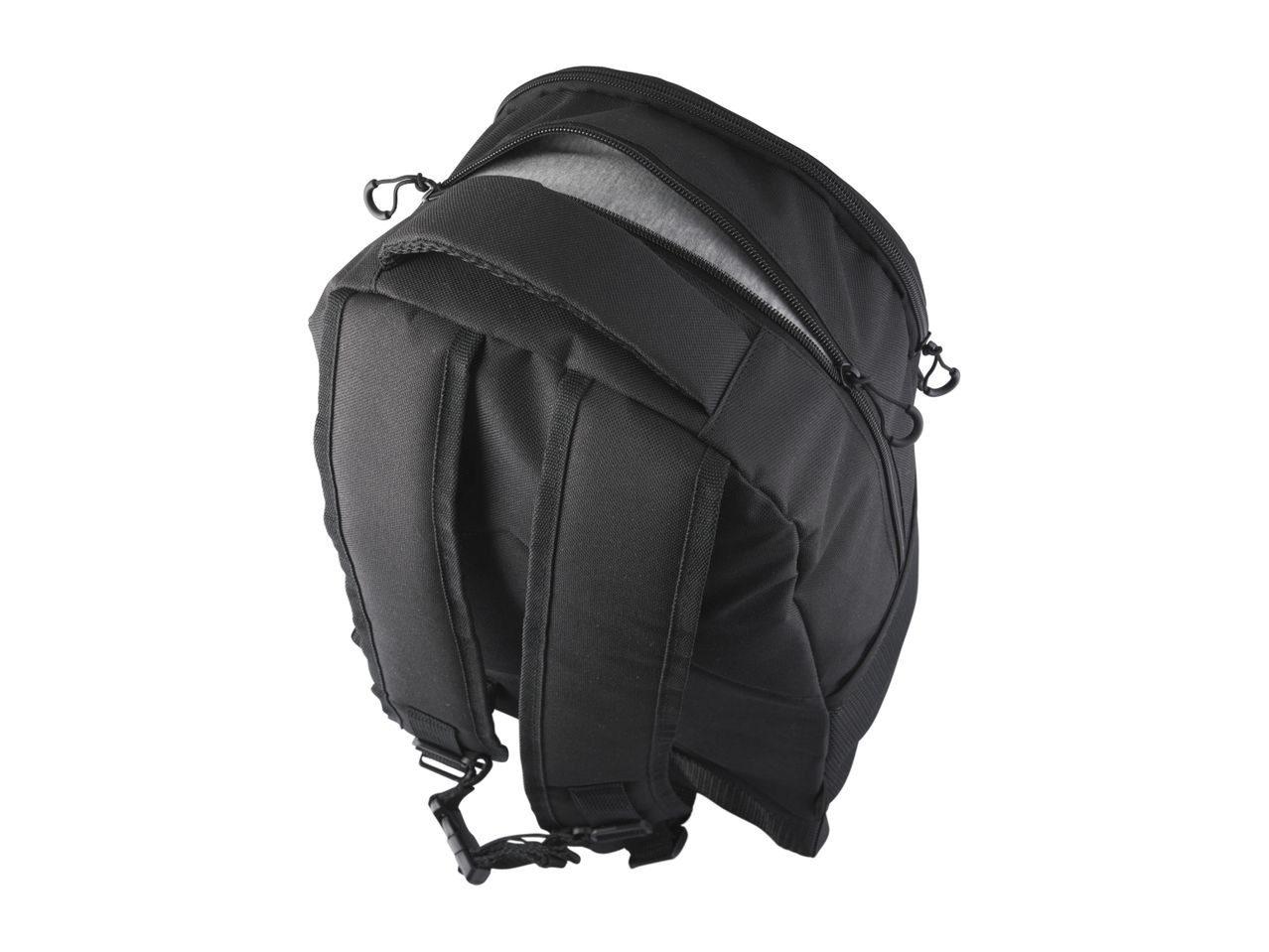 Black backpack with open zipper, viewed from the back