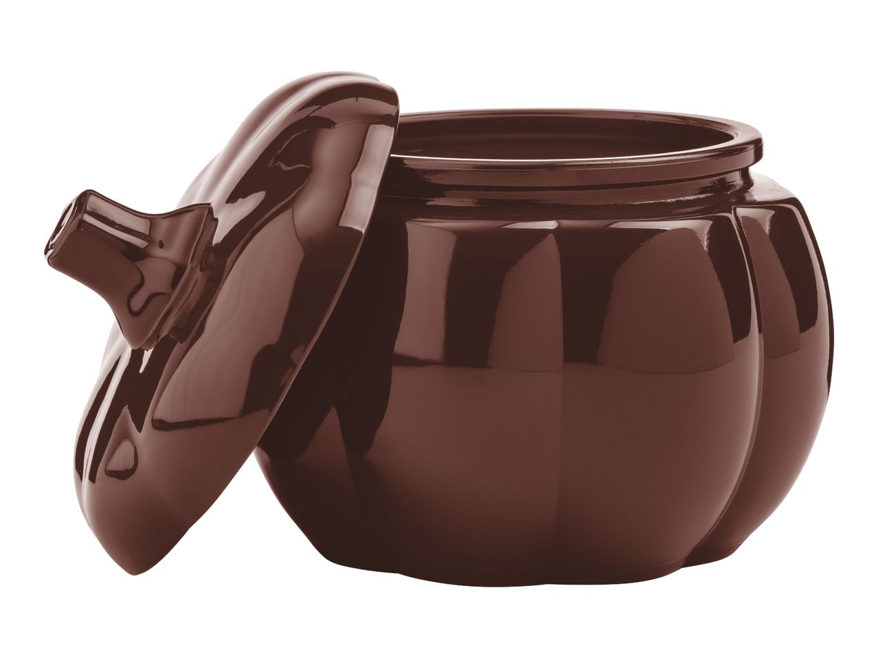 Brown ceramic pumpkin-shaped pot with a lid, angled to show the opening.