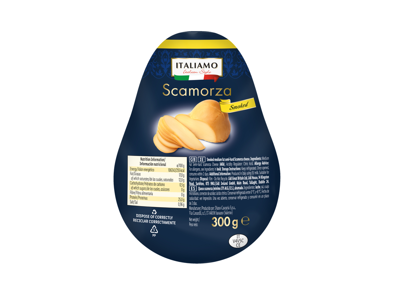 ITALIAMO Italian Style Smoked Scamorza cheese packaging, 300g.