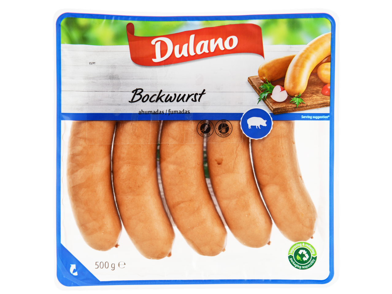 Embalagem de cinco salsichas Bockwurst fumadas, 500g, com rótulos sem glúten e sem lactose.