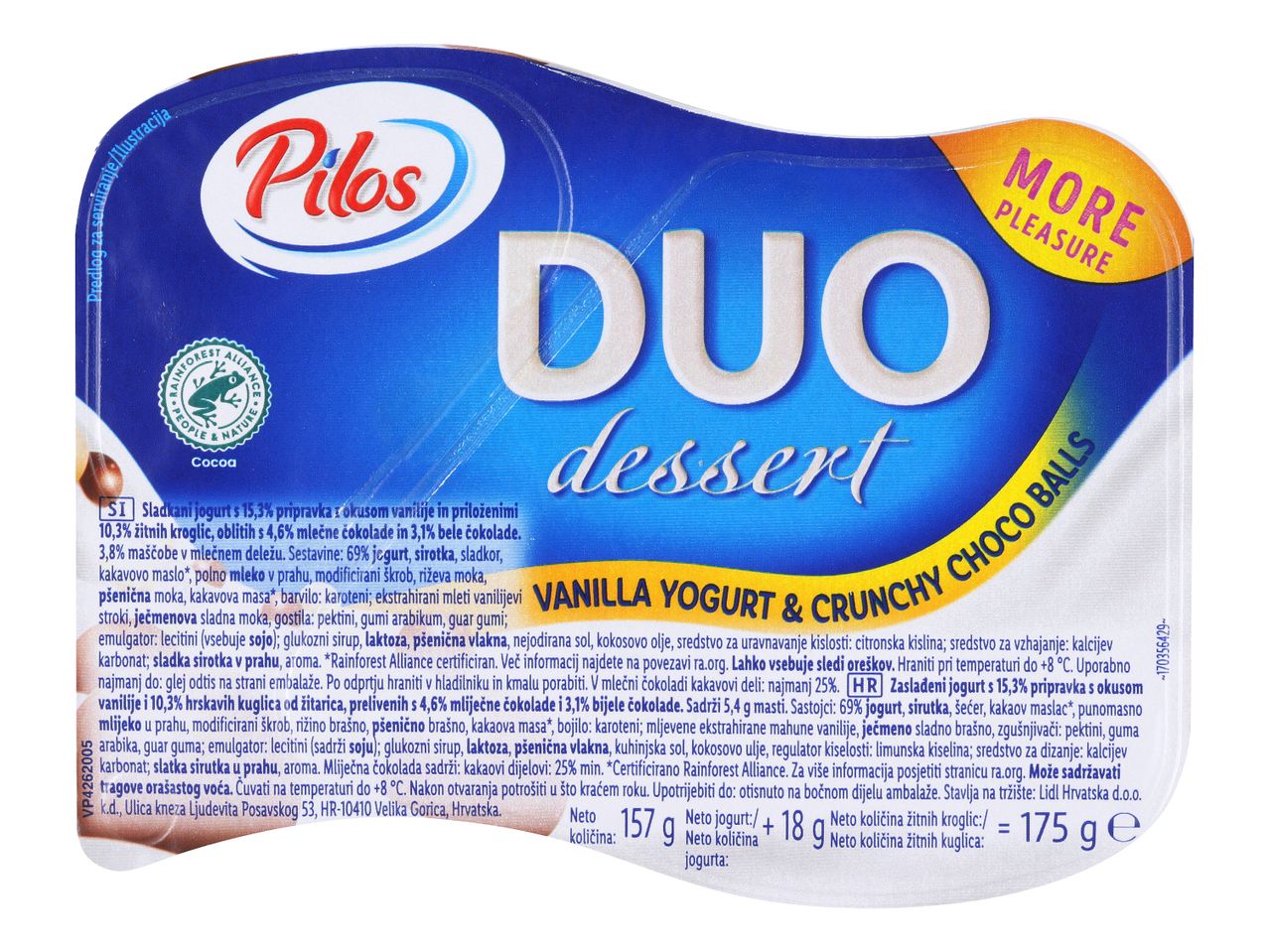 Pilos Duo sladica z vanilijevim jogurtom in hrustljavimi čokoladnimi kroglicami.