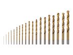A set of golden drill bits of various sizes, arranged from smallest to largest.