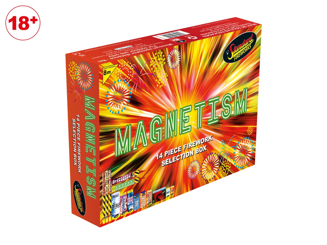 A 14-piece firework selection box named Magnetism with an 8m safety distance.