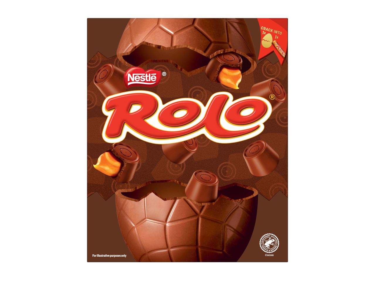 A chocolate egg cracked open with caramel-filled chocolates spilling out, and the word 'Rolo' prominently displayed.