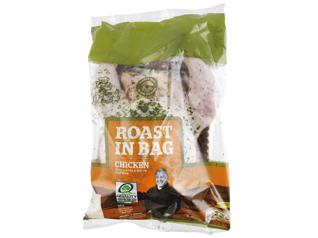 A roast in bag chicken with sage and onion stuffing, featuring a farmer's portrait.