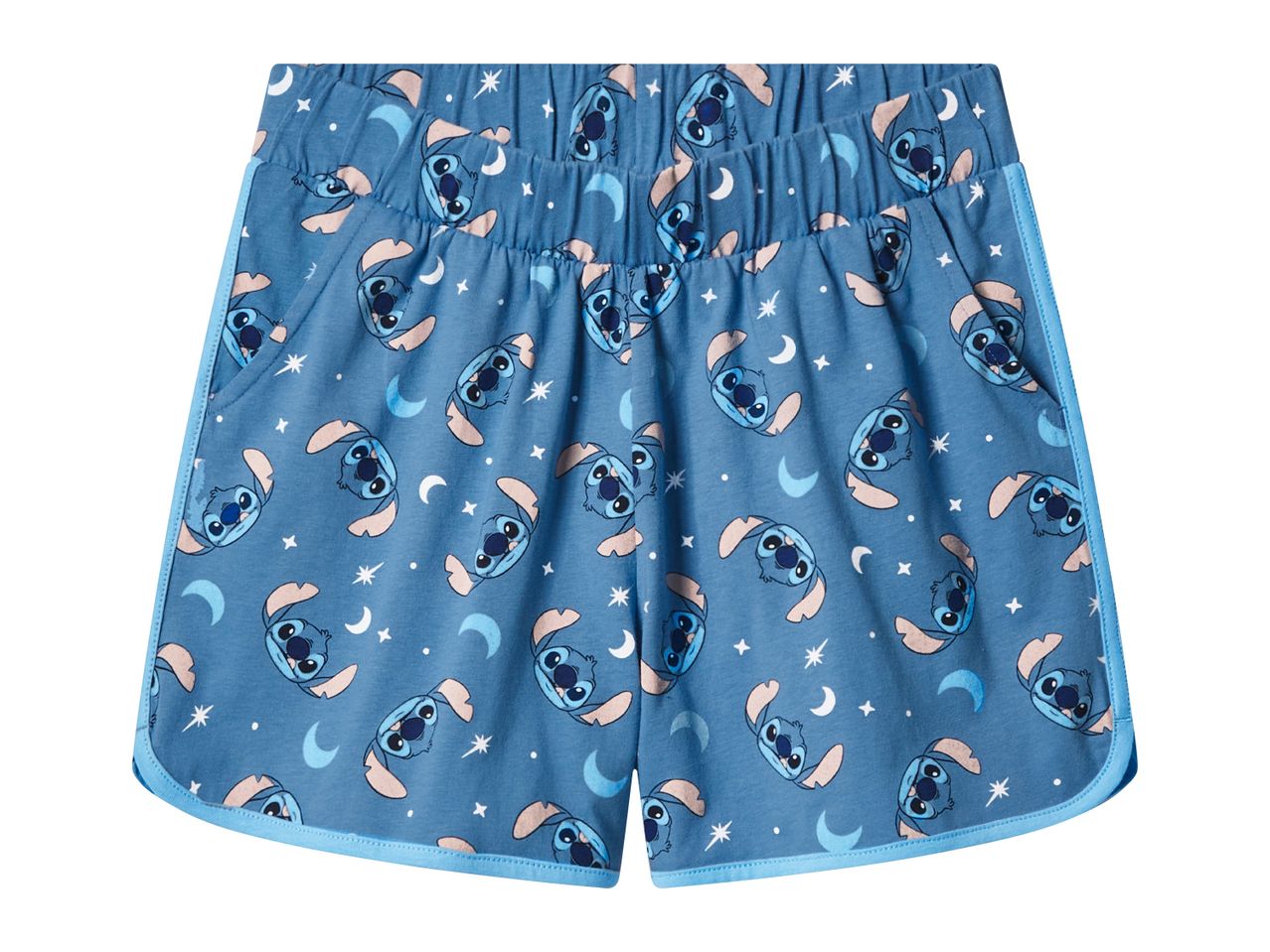 Blue women's shorts with a Stitch pattern, moons, and stars.