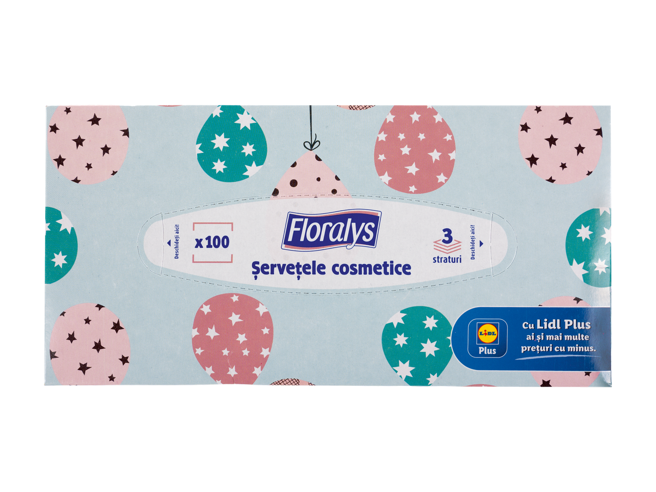 Pachet de 100 șervețele Floralys, 3 straturi, cu imprimeu cu baloane.