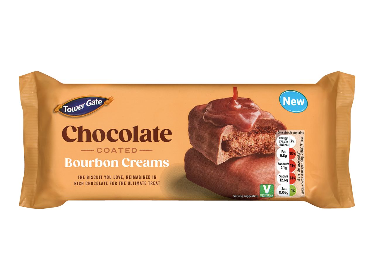 Chocolate-coated Bourbon Creams with nutritional information and a 'New' label.