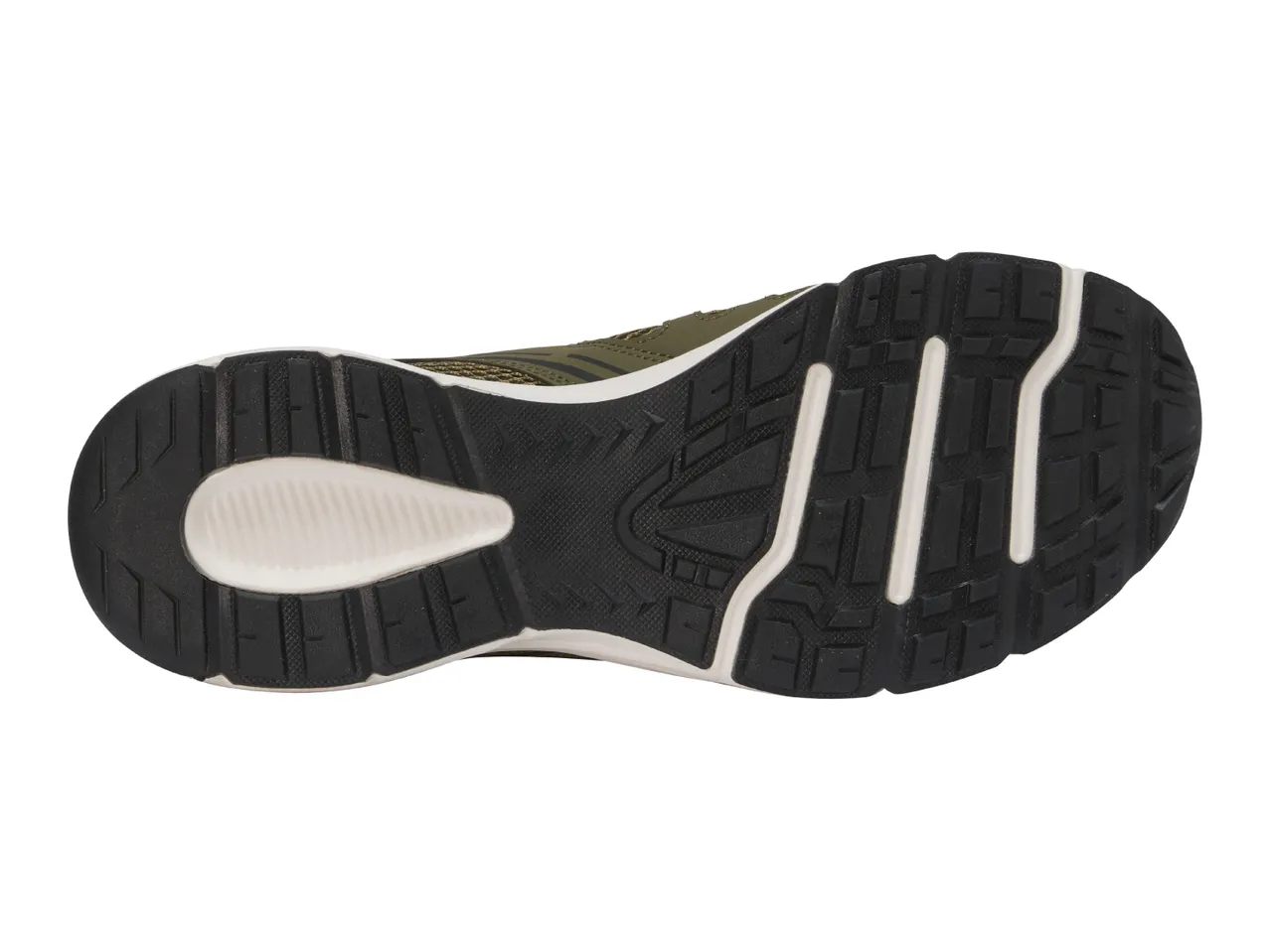 Bottom view of a green and black athletic shoe with a textured sole.
