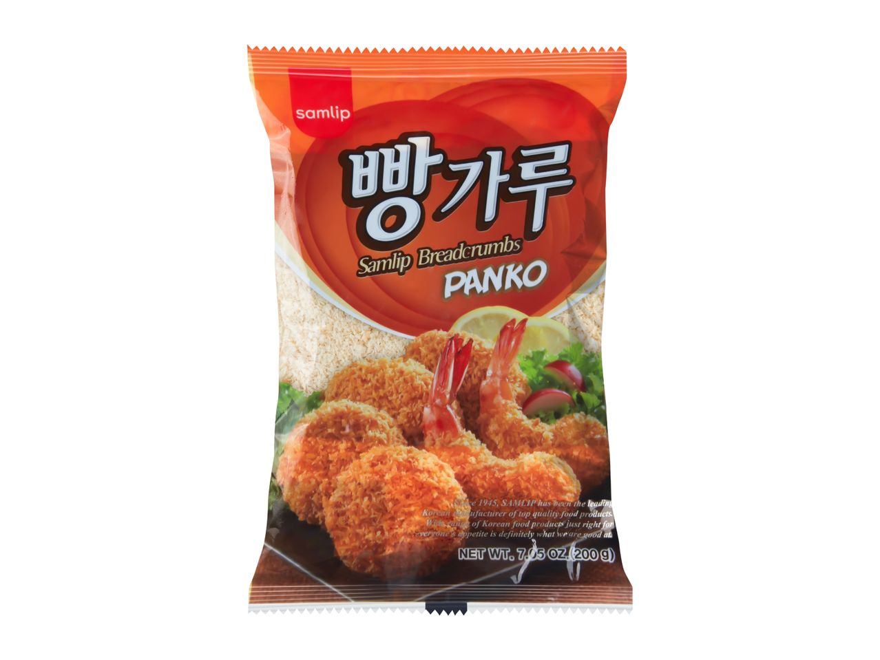 Panko breadcrumbs in an orange bag, with an image of fried shrimp and vegetables.