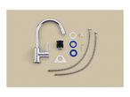 Chrome kitchen faucet with installation parts and two braided hoses on a beige background.