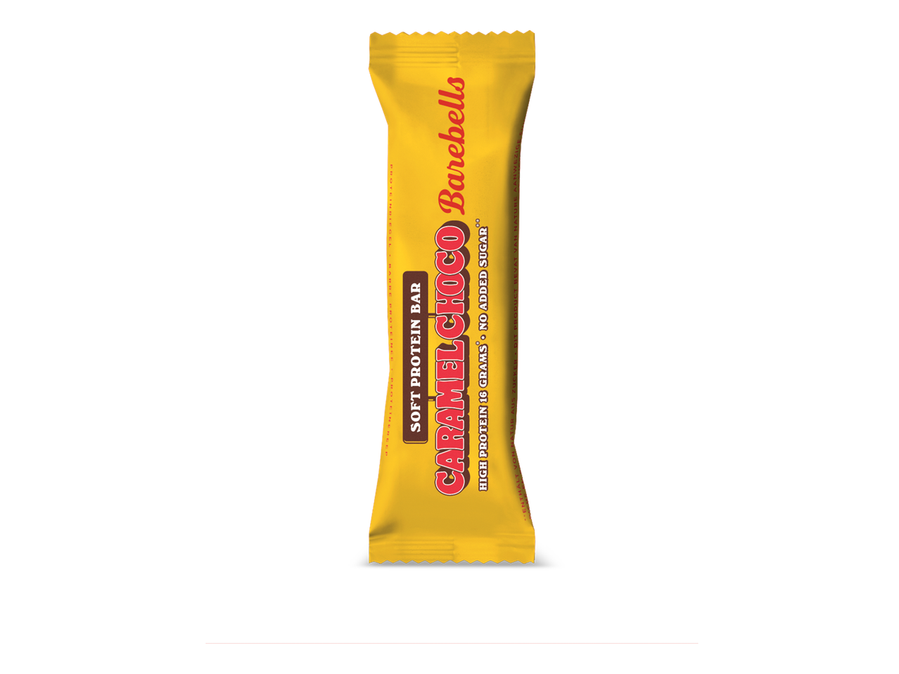 Een gele zachte proteïnereep met karamel- en chocoladesmaak.