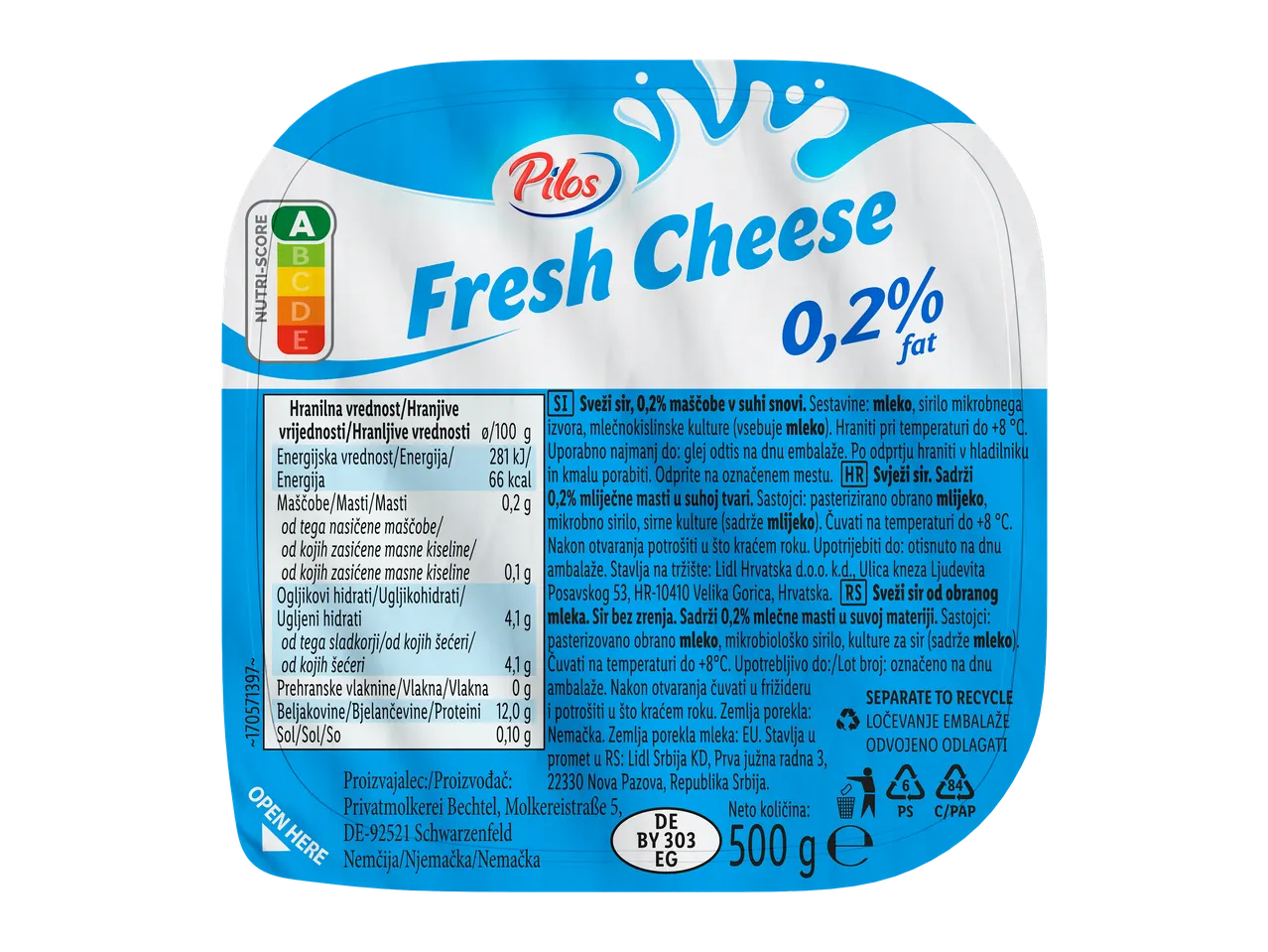 Pilos sveži sir 0,2% masti sa Nutri-Score A i nutritivnim informacijama.