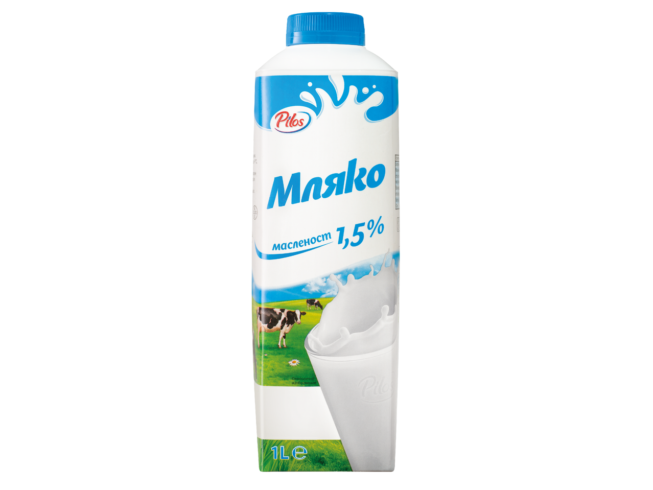 Картонена кутия мляко с 1,5% масленост, крави на паша и чаша мляко.