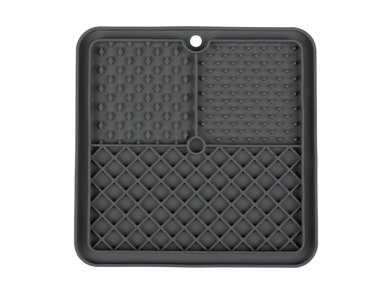 A dark gray silicone pet slow feeder mat with various textured surfaces.