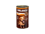 Boîte de nourriture pour chien Orlando aux volailles et carottes, avec un chien joyeux