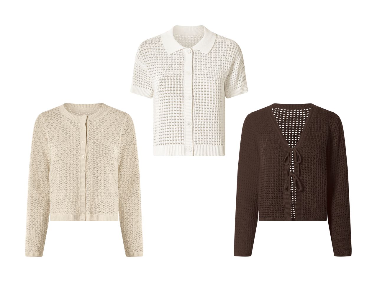 Tre strikkede cardigans og toppe i beige, hvid og brun med hulmønster.