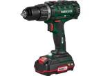 A green and black 20V cordless drill driver with a battery pack.
