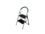 Two-step ladder, metal, green handle.