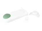 A white personal emergency response system (PERS) with a green button and accompanying accessories.