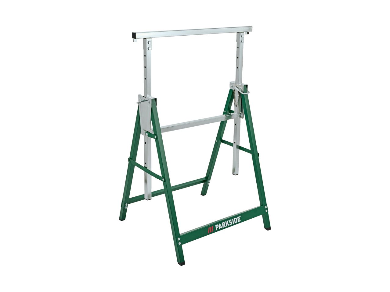 Green and silver adjustable sawhorse with a horizontal support bar
