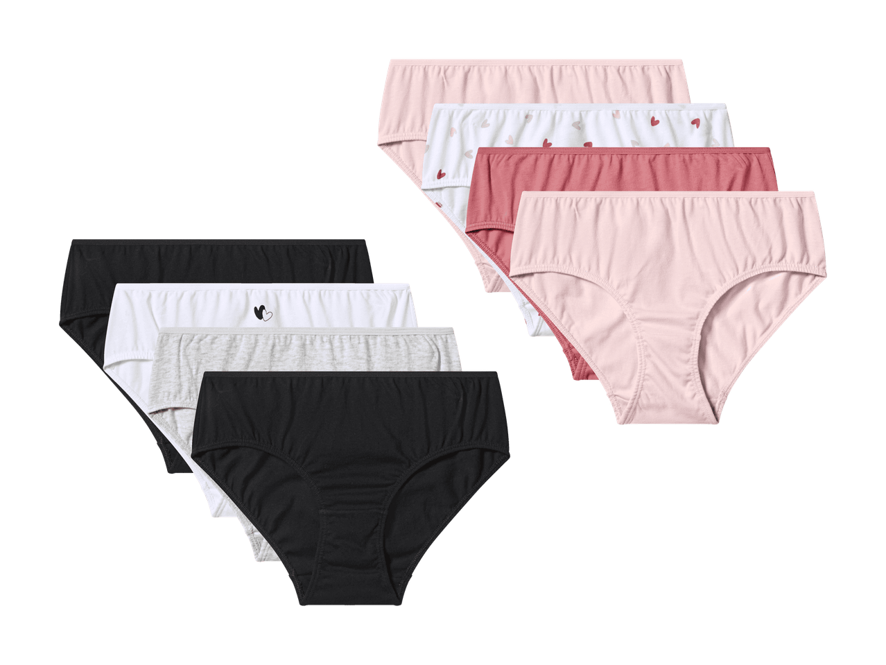 Plusieurs culottes noires, blanches, grises, roses et rouges, certaines avec des motifs de cœurs.