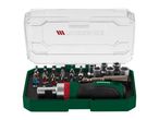 Screwdriver bit set with a ratchet screwdriver, various bits, and sockets in a clear case.
