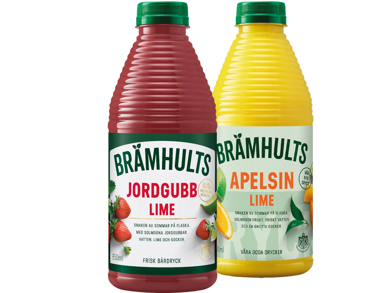 Två flaskor Brämhults-dryck, en jordgubb/lime och en apelsin/lime.