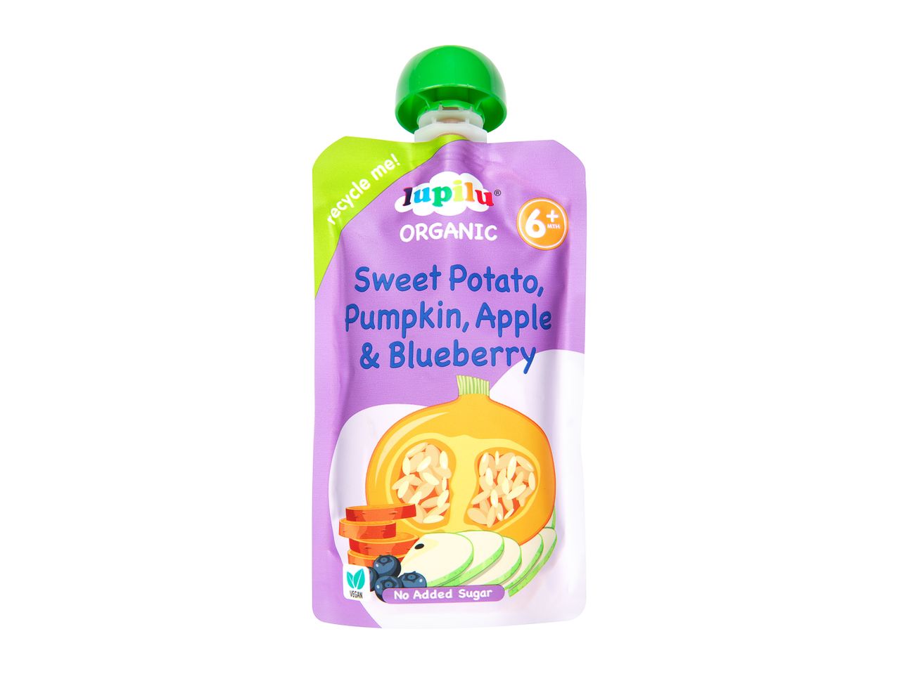 HiPP organic baby food pouch: Sweet Potato, Pumpkin, Apple & Blueberry.