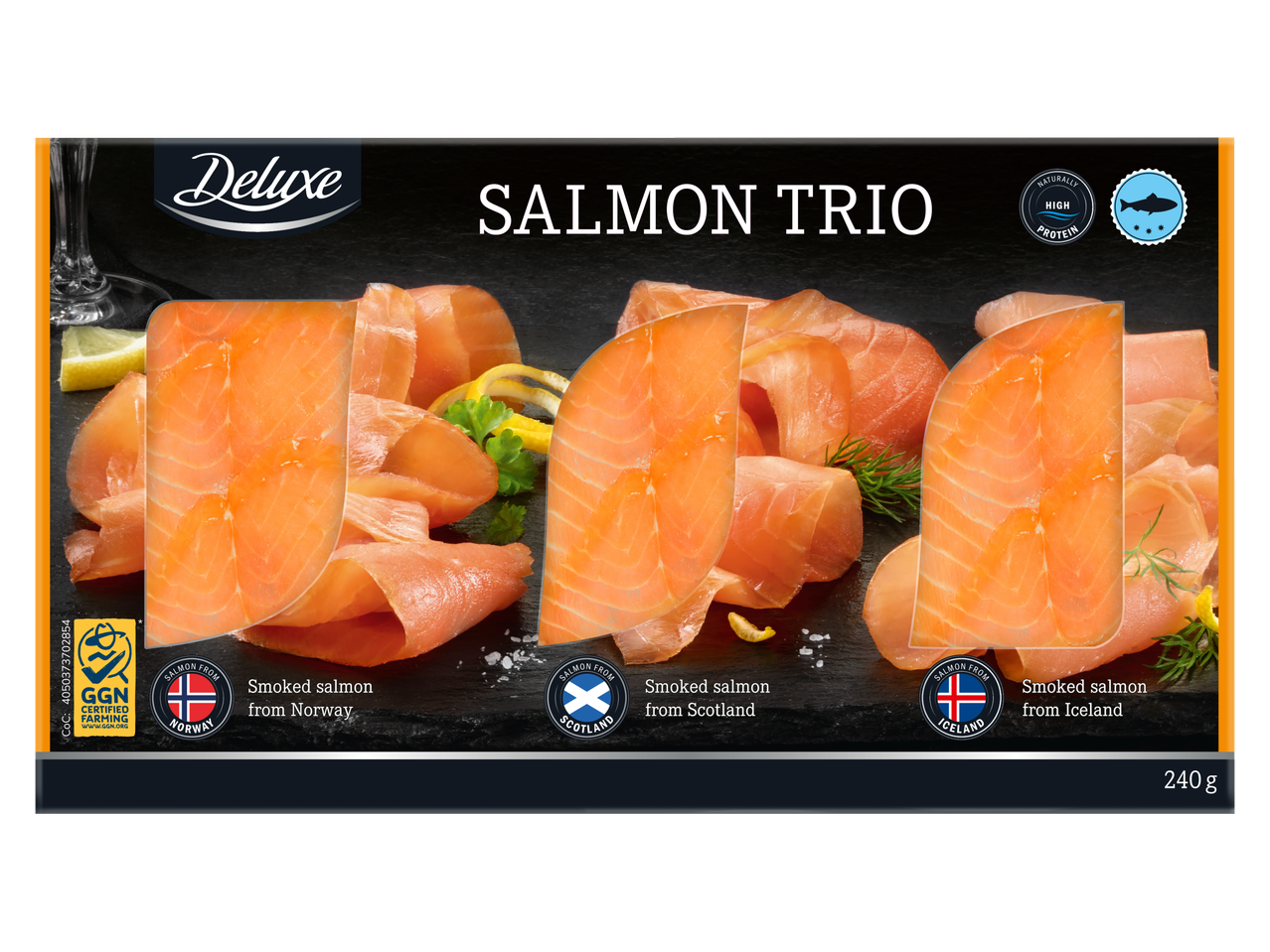 Deluxe Kūpināta laša asorti šķēlēs: trīs veidu kūpināts lasis no Norvēģijas, Skotijas un Islandes.