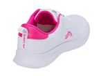 White and pink athletic shoe with a mesh upper and a pull tab at the heel.