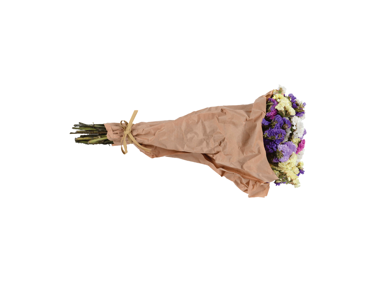 Ramo de flores secas em roxo, amarelo e branco, embrulhado em papel castanho.