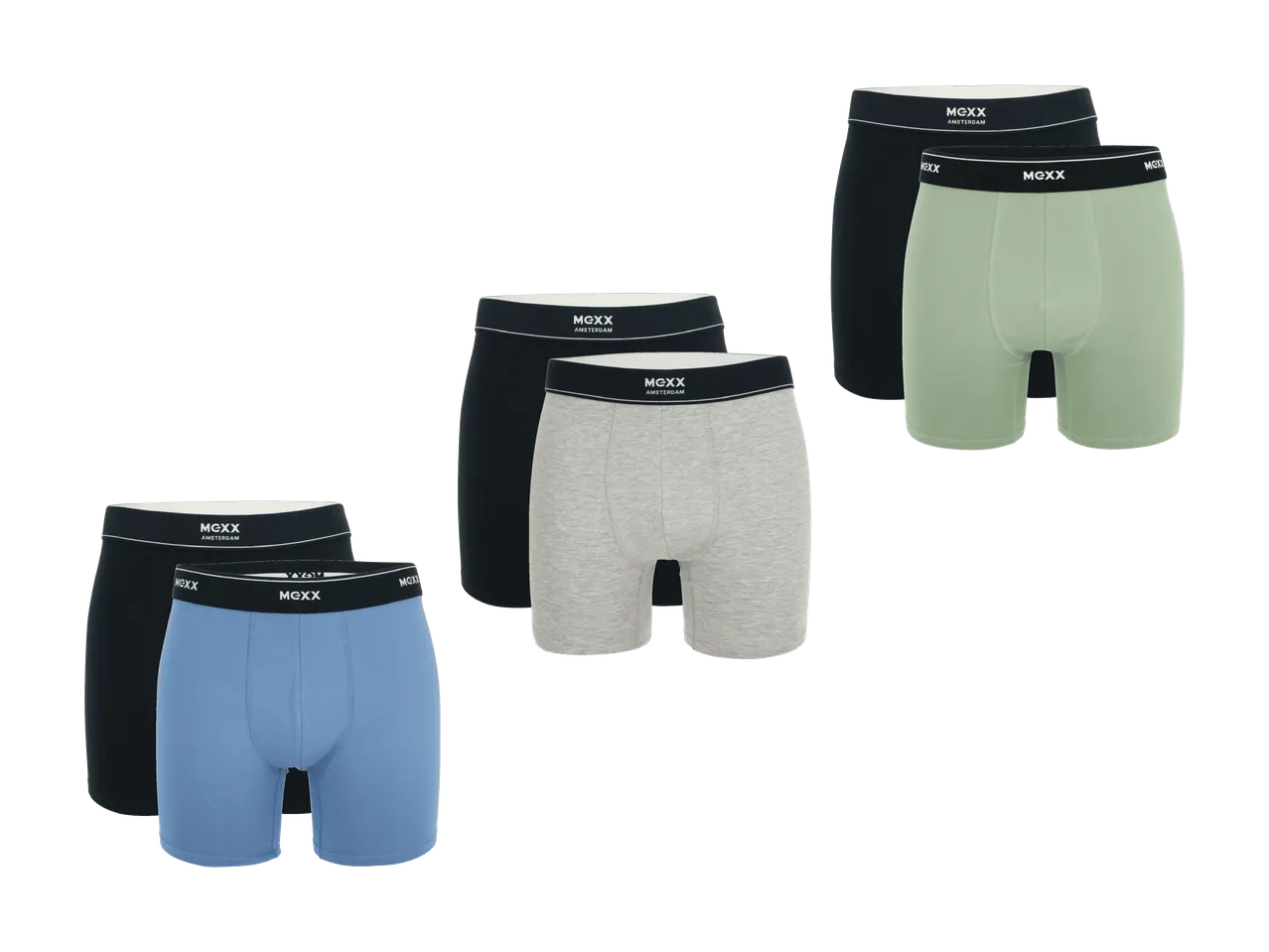 Herren-Boxershorts im Multipack in Schwarz, Grau, Blau und Hellgrün.