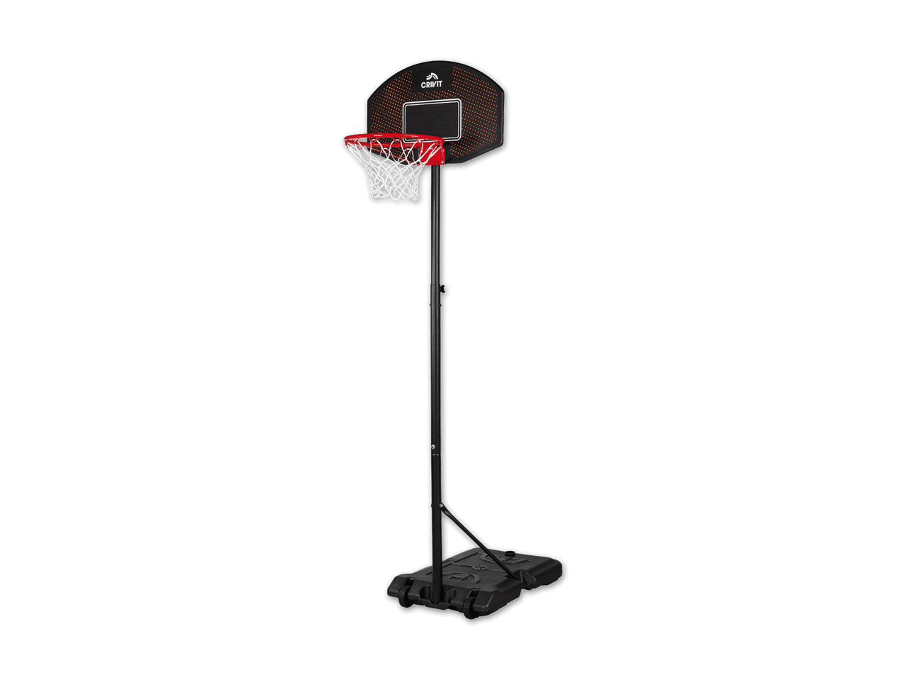 Ein freistehender Crivit Basketballkorb mit rotem Ring und weißem Netz.