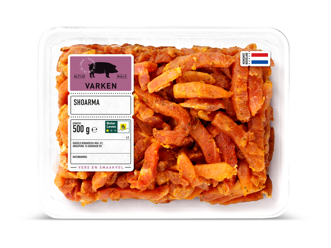 Gemarineerde varkens shoarma, 500g, Beter Leven.