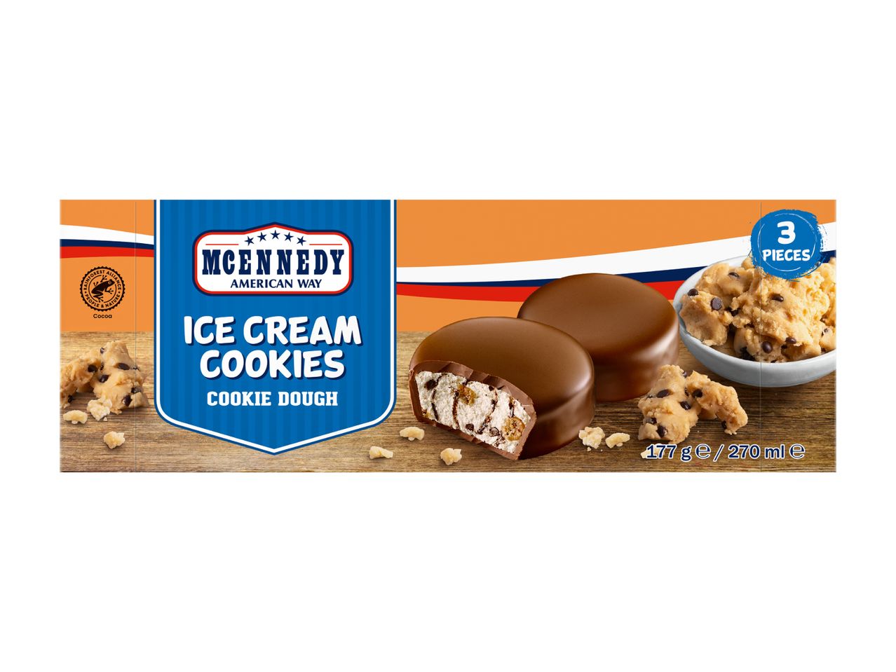 Ice cream cookies with cookie dough filling, chocolate coating, and a Rainforest Alliance cocoa seal.